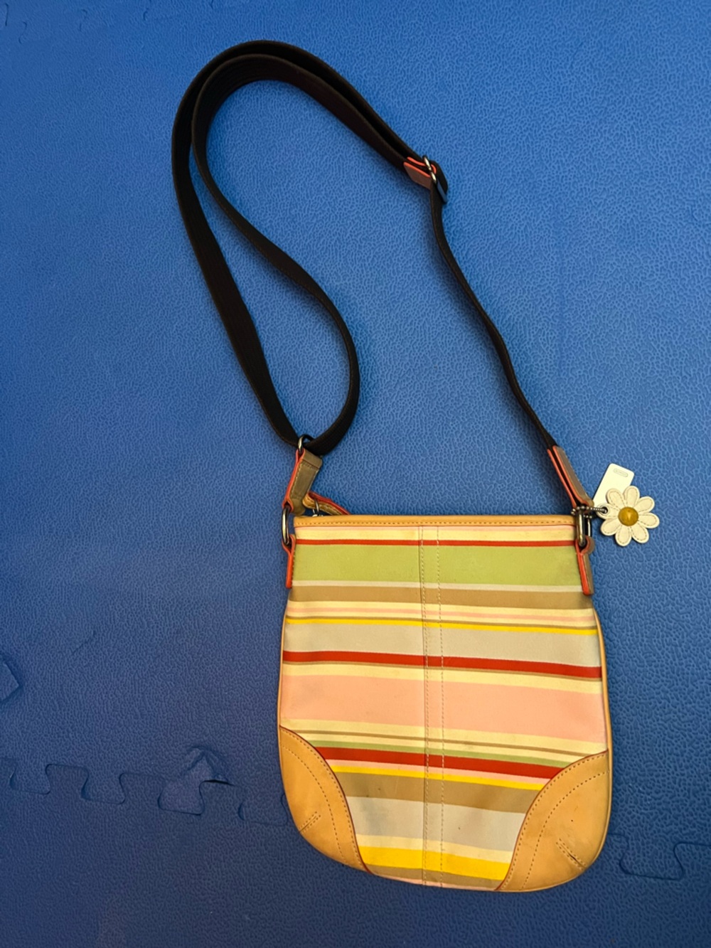 Coach Hampton Multicolor Striped Crossbody Bag with Daisy Charm